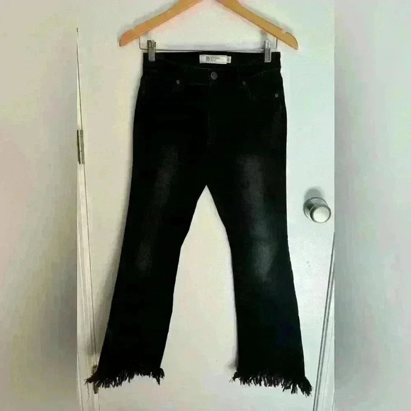 Women’s Peppered Denim black pants fringe ankle hem size 26 zip closure - Picture 2 of 15